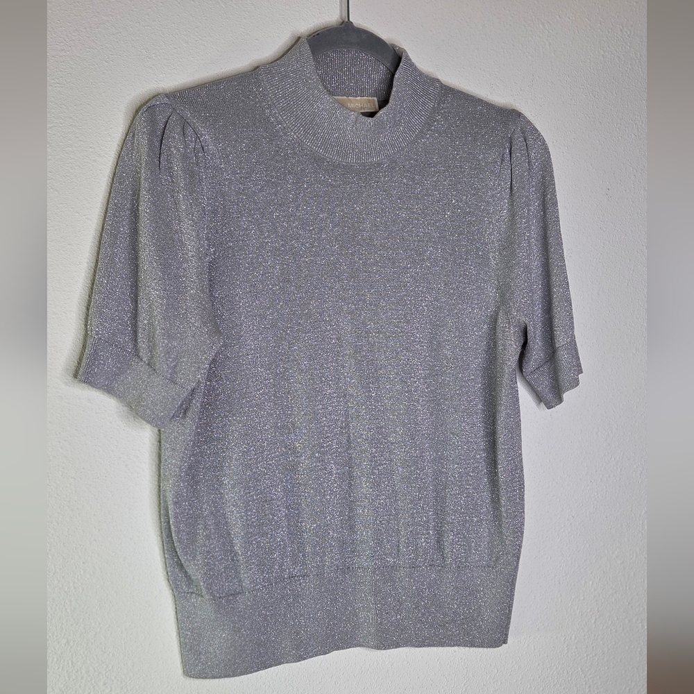 Michael Kors Metallic Silver Mock Neck Short-Sleeve Sweater - Size Large - Picture 4 of 15